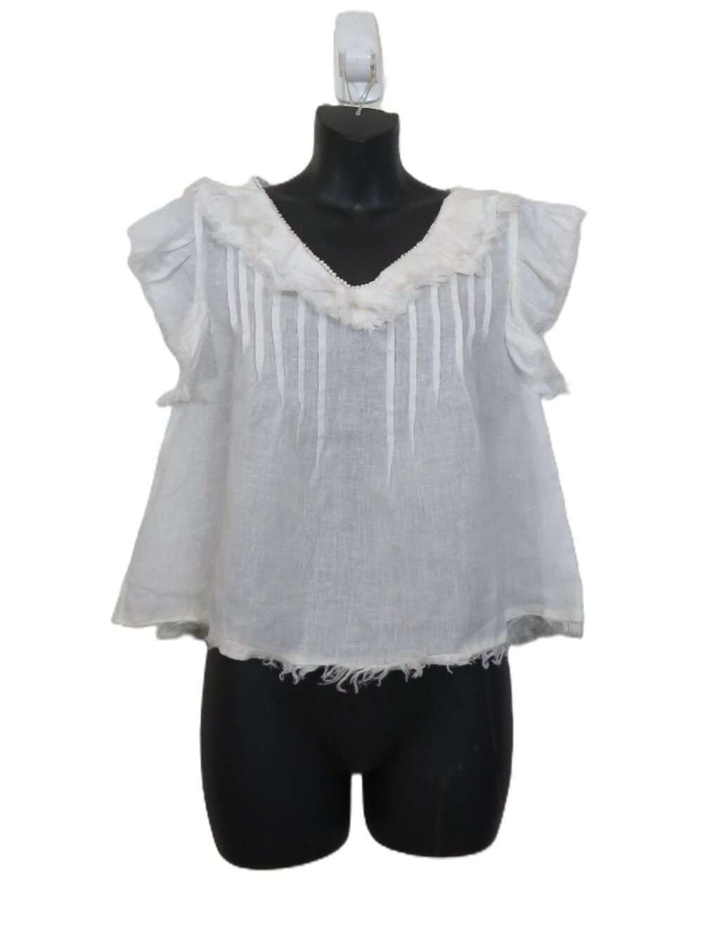 Faherty Size XS White Linen Ruffle Top V Neck Cap Sleeve